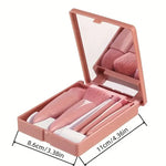 Makeup brush set with a compact case on a white background