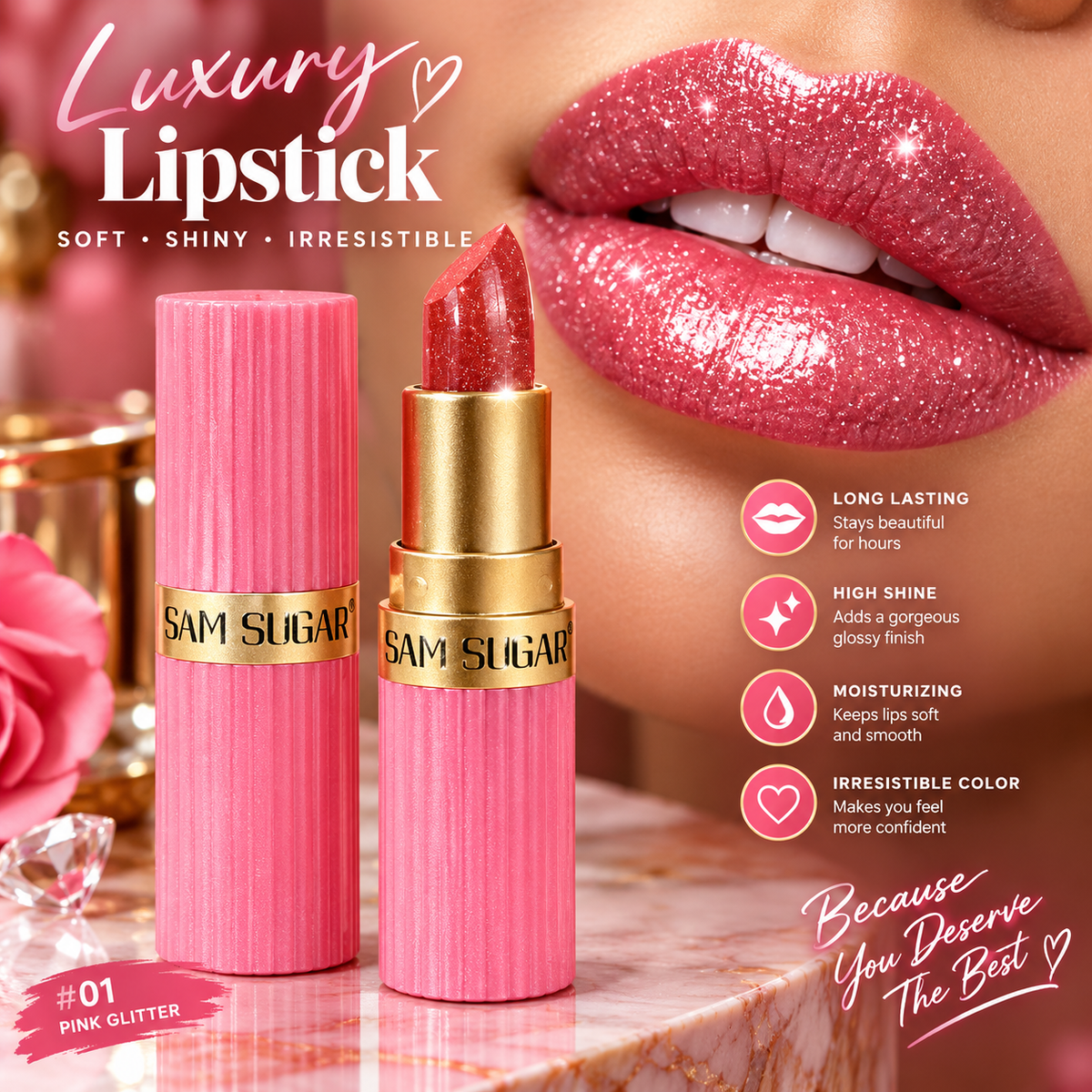 Sam Sugar Luxury Lipstick in shade #01 Pink Glitter, shown with the pink ribbed tube and the lipstick bullet exposed. A close-up of glittering pink lips is featured on the right, with product benefits listed on the right side.