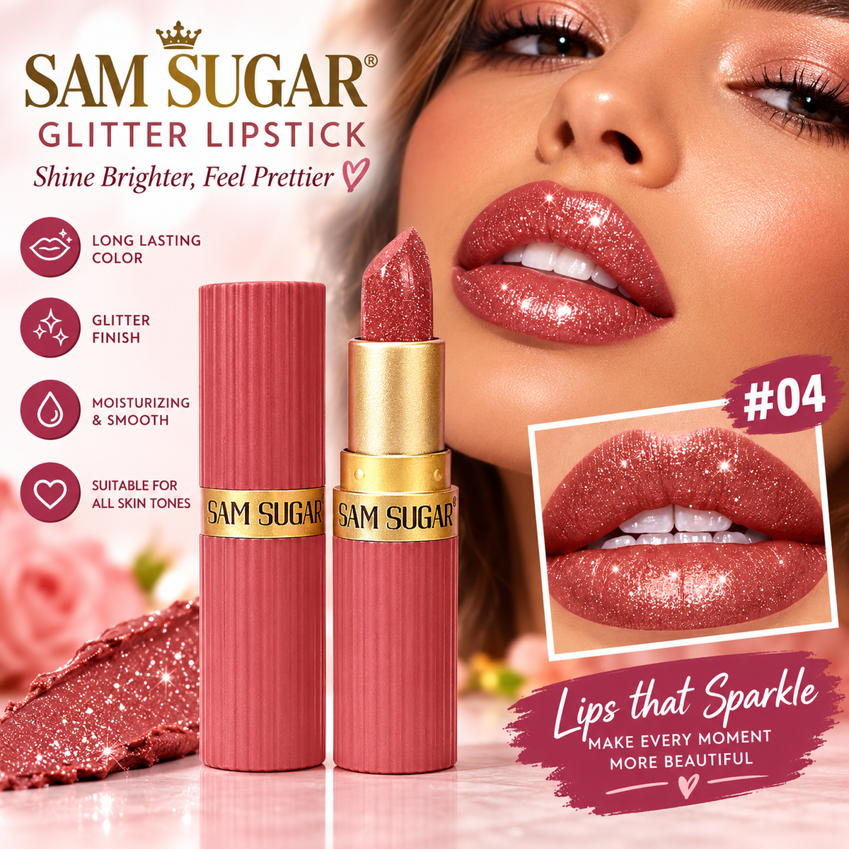 SAM SUGAR Glitter Lipstick in shade #04, featuring a close-up of a model wearing the sparkling rose gold lipstick, alongside the lipstick tube and bullet with a gold band, set against a pink rose background with product benefits listed on the left.