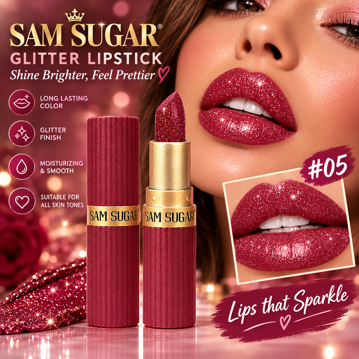 SAM SUGAR Glitter Lipstick in shade #05, featuring a close-up of a model's lips wearing the sparkling deep berry pink lipstick, alongside the lipstick tube and bullet on a reflective pink background with promotional text.