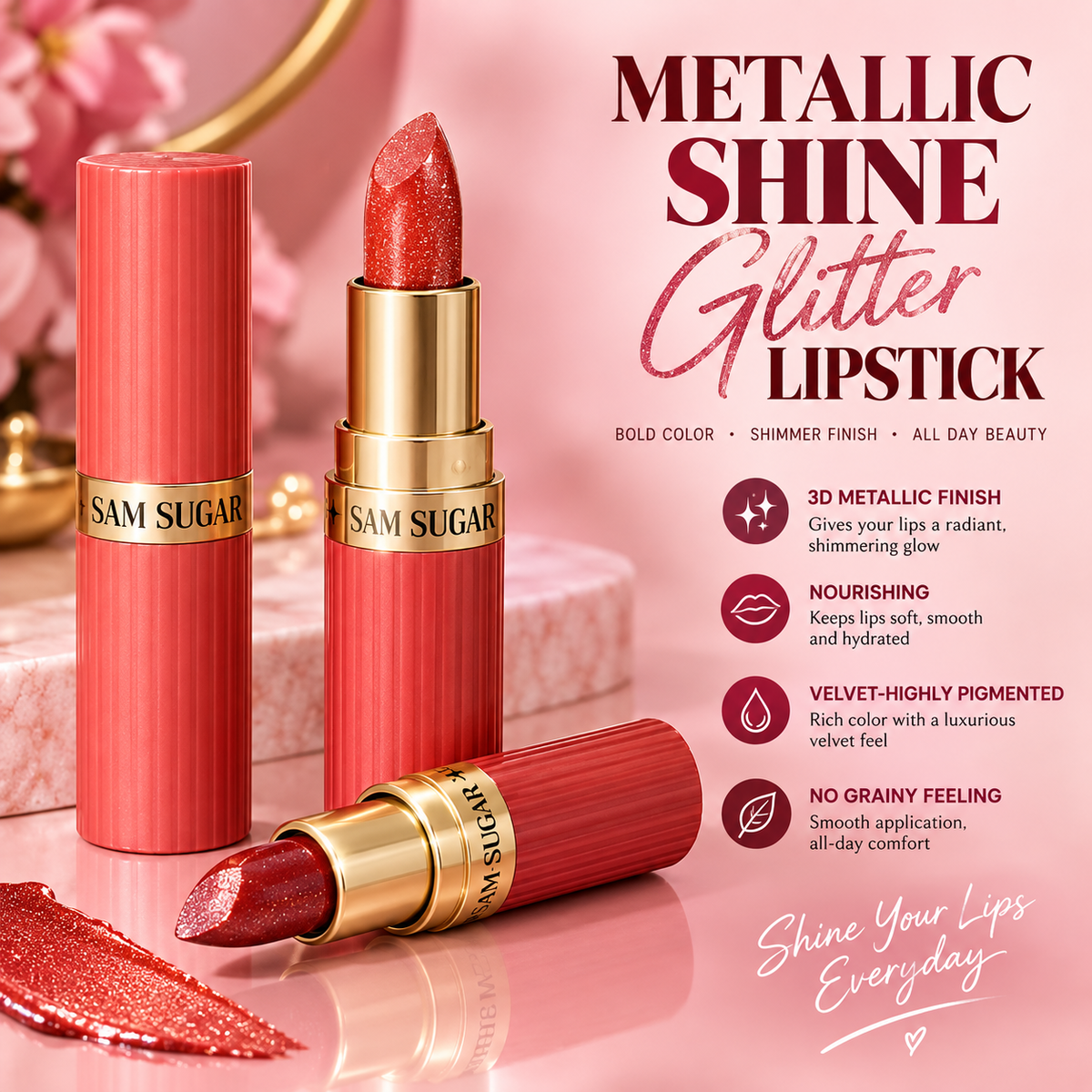 Three Sam Sugar glitter lipstick tubes in a coral-red shade with gold accents are arranged on a pink reflective surface, alongside a lipstick bullet and a smear of shimmering red product. Large text reads 'METALLIC SHINE Glitter Lipstick' with feature callouts on the right.